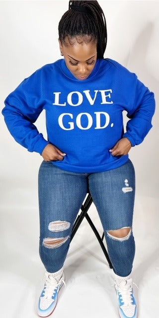 LOVE GOD Sweatshirt (White & Royal Blue)